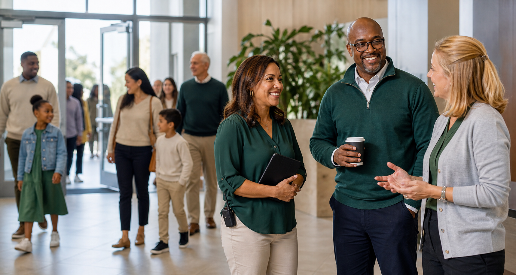 Illustration of a church welcome team greeting families